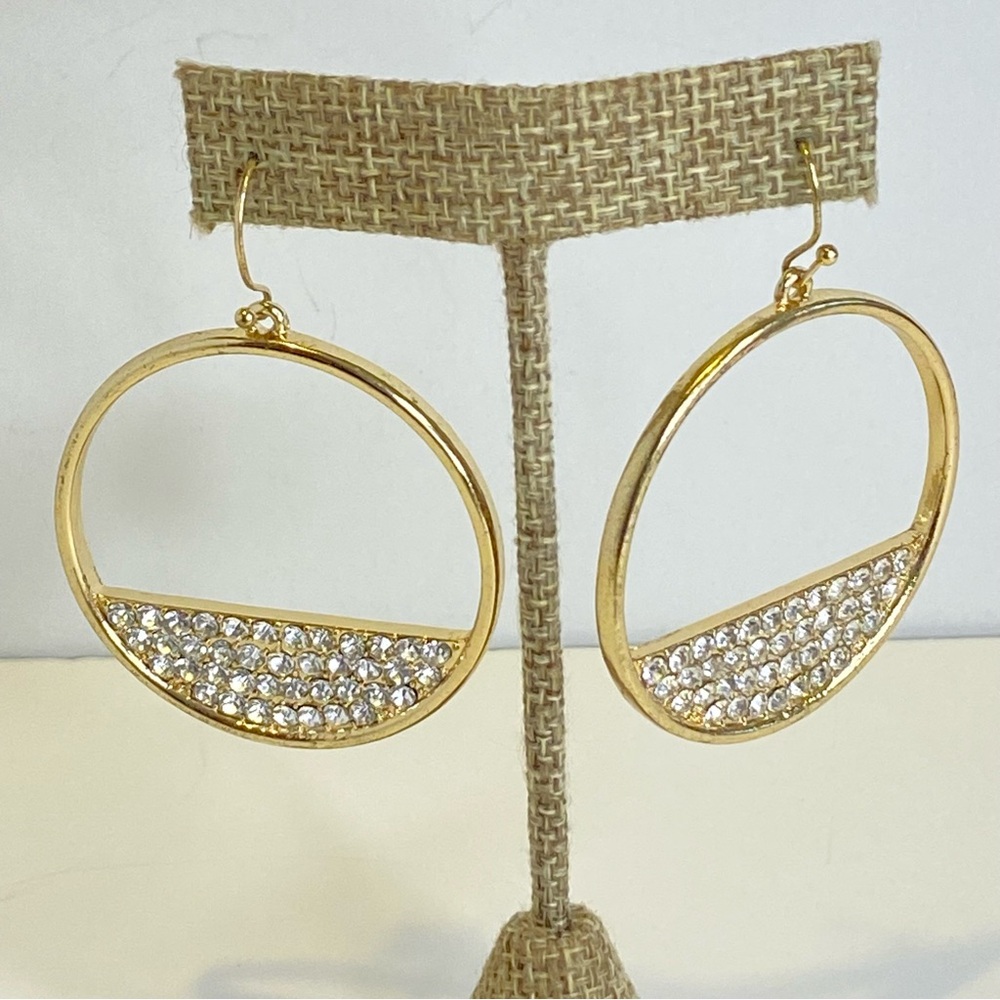 Thalia Sodi Pave Rhinestone Earrings Gold Tone Half Moon Hoop Geometric Cocktail